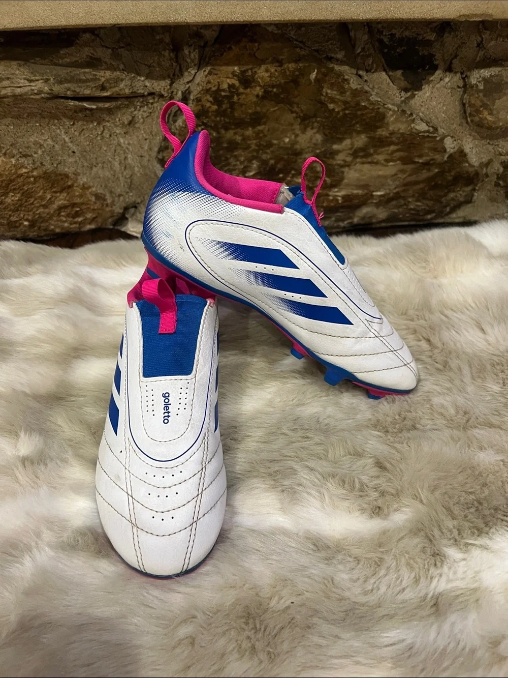 adidas Kids White goletto soccer cleats Blue Panels and Pink Accents